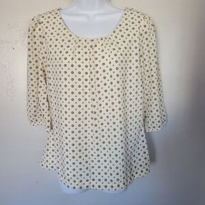Mikarose Medium Ivory Blouse Quarter Sleeve Black Circle Polka Dots Top Keyhole
